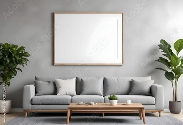 Fototapeta A modern living room with a large blank white frame on the wall above a gray sectional sofa, a wooden coffee table, and a potted plant.