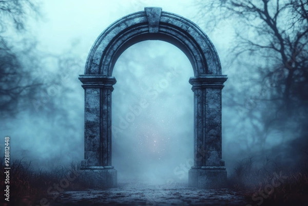 Fototapeta Mysterious stone archway stands tall in an eerie foggy forest, evoking a sense of fantasy, intrigue, and mysticism, with a hint of magical light beyond.