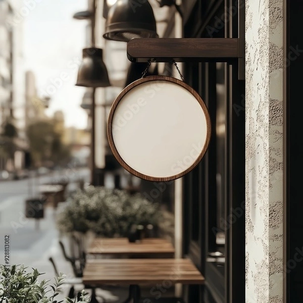 Obraz  Generative AI, coffee shop street signboard mock up for logo design, brand presentation, aesthetic muted neutral colors, on the wall outdoor
