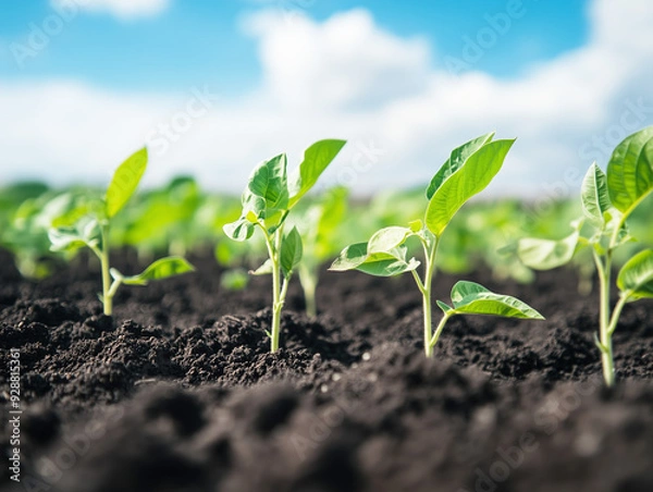 Fototapeta Close-up of young soybean plants emerging from rich, fertile soil under a bright blue sky, representing growth, sustainability, and the potential for a successful harvest