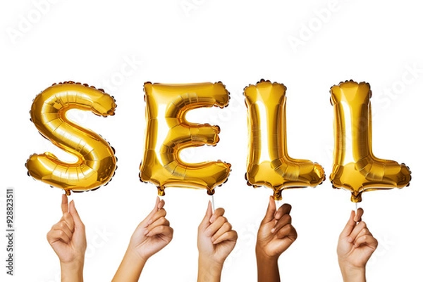 Fototapeta Word SELL of Gold and Silver foil balloons forming on plain white Transparent background OPEN and Invitation Concept