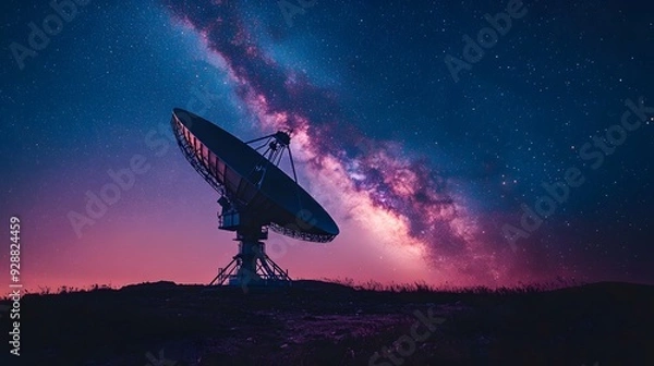 Fototapeta Radio telescope under starry night sky, Milky Way galaxy, large satellite dish, astronomy observatory, copy space for text, dark landscape, scientific equipment.
