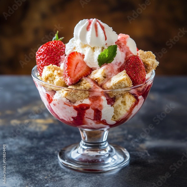 Fototapeta Strawberry shortcake sundae - a refreshing summer dessert with creamy strawberry ice cream, fresh strawberries, and crumbled shortcake