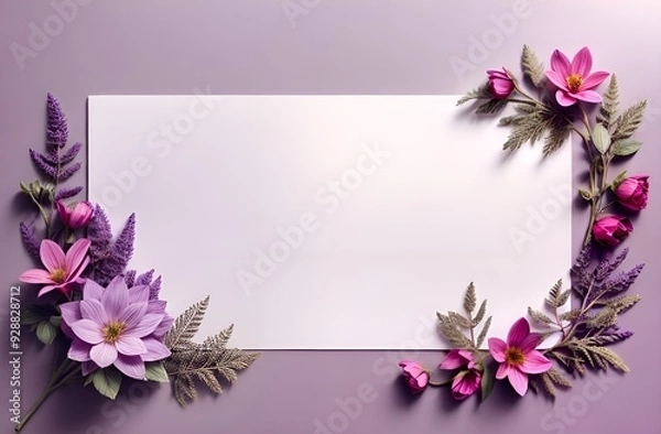 Fototapeta A blank white card is surrounded by violet and pink flowers, complemented by green leaves on a pastel purple background. For invitations or greetings and design 