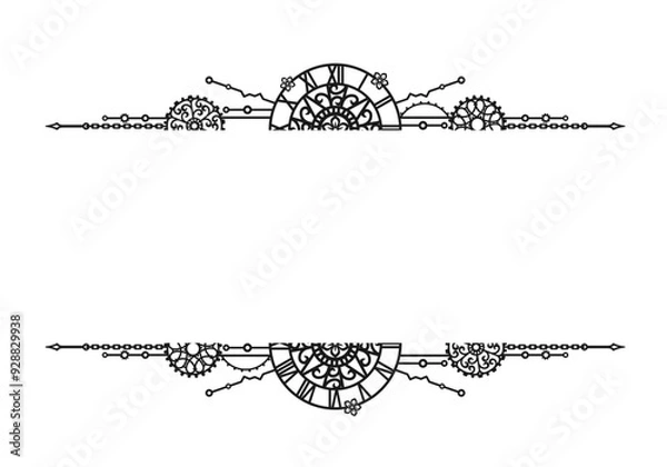 Fototapeta Black frame made of clock-face, openwork gears, cogwheels and chains on a white background with place for text. Vintage horizontal border. Steampunk. Vector design template for poster, banner, signage