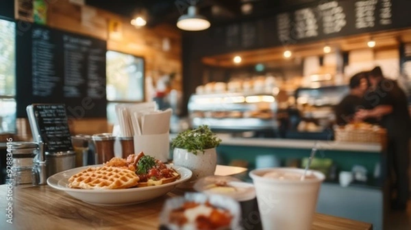 Fototapeta A busy cafe features a wooden table with waffles, toppings, and coffee while staff serve customers in the background.