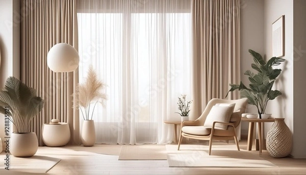 Fototapeta Minimalist Interior Design with White Curtains and Beige Decor