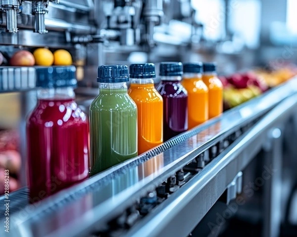 Obraz Conveyor Belt Perspective Colorful Juice Bottles Move Through Modern Food Processing Plant