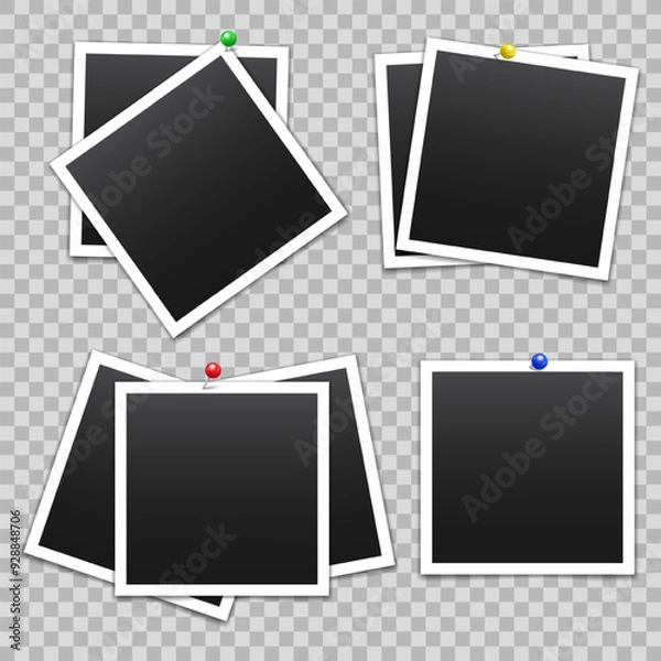 Fototapeta Vector empty photo frames with pin and shadow isolated on transparent background. Template mockup photo design.