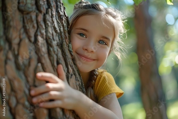 Fototapeta Joyful Child Embracing a Tree in a Sunlit Forest