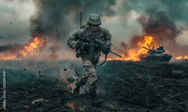 Fototapeta A soldier runs across a battlefield with explosions and fire in the background, showcasing bravery and action during intense combat scenarios