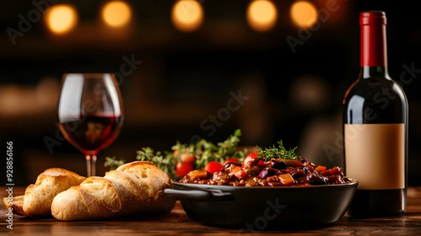 Fototapeta A rustic dinner table with a hearty stew, fresh bread, and a bottle of red wine