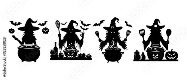 Fototapeta Collection of Halloween witch silhouettes are cooking a potion in a cauldron. Halloween decorations silhouette black filled vector Illustration icon.