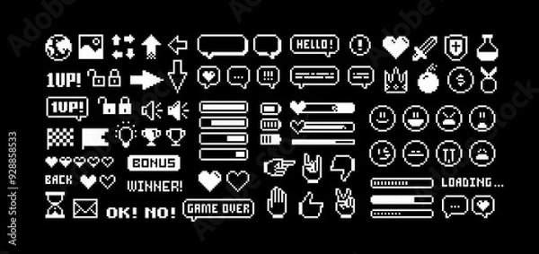 Fototapeta 8-bit Game pixel icons set in 80s - 90s style set 2. Perfect pixel icons of game props, chat, download bar, office icons, gestures and cursors. Retro Game loot and awards pixel art. Editable vector