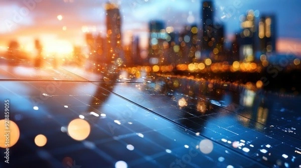 Fototapeta Modern City Skyline with Futuristic Technology and Bokeh Lights at Sunset