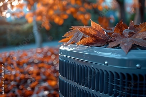 Fototapeta Autumn Leaves Resting on an Air Conditioning Unit Amidst a Colorful Fall Landscape