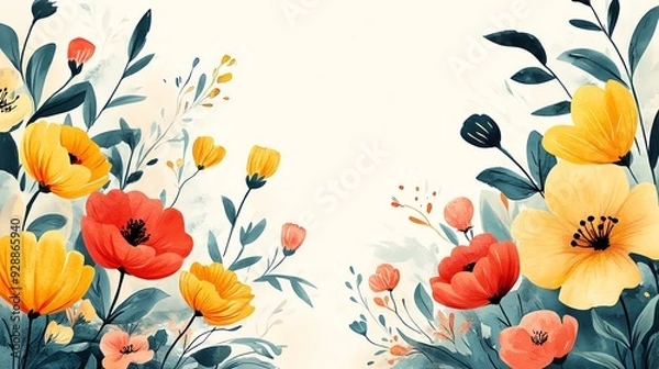 Fototapeta Template for cards with a floral frame and blank lined section for notes, trendy flat design, front view, garden theme, watercolor, vivid color scheme