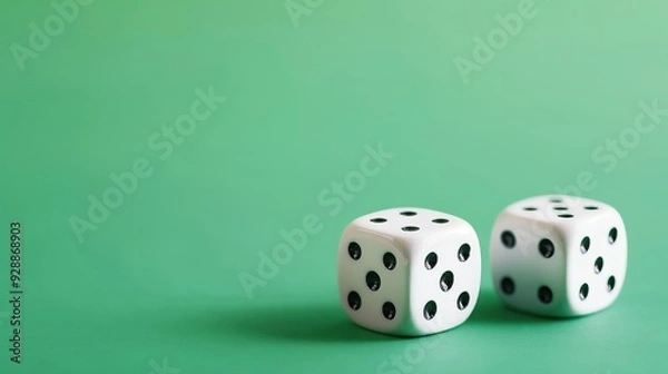 Fototapeta Two white dice with black pips isolated on green background, resting on solid surface with subtle shadow, room for text.