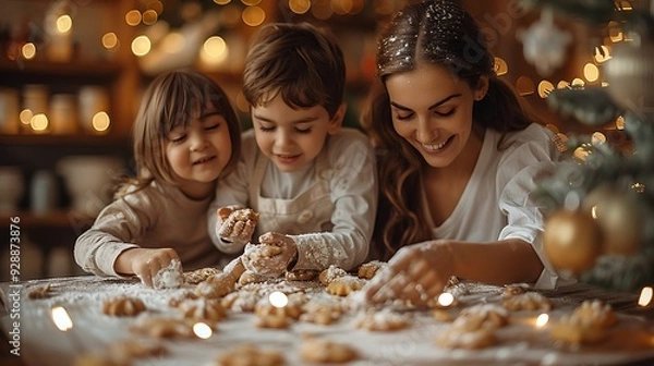 Fototapeta A joyful holiday scene of a family baking cookies together, with kids giggling as they make a mess with flour, the kitchen glowing with festive lights,