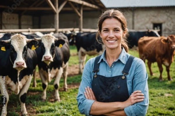 Obraz Smiling female proffesional farmer standing near cows at farm