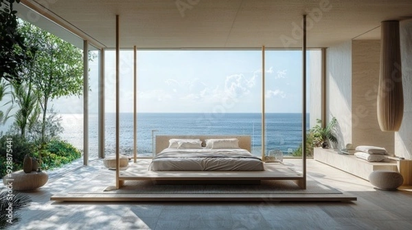 Fototapeta A spacious bedroom features a bed facing the ocean, with natural light and a peaceful atmosphere created by minimalist decor and greenery