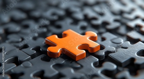 Fototapeta A standout and vibrant orange puzzle piece is resting amongst dark jigsaw pieces, symbolizing uniqueness in design