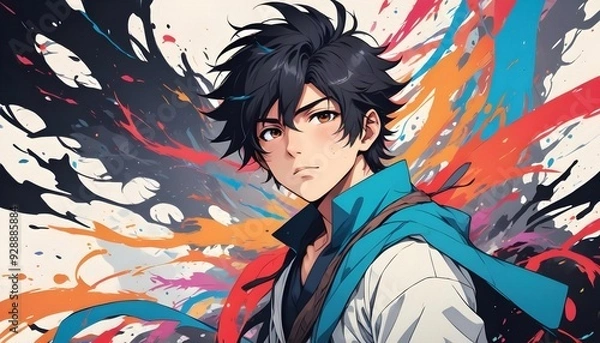Fototapeta Intense Japanese Anime Man on Vibrant Abstract Background