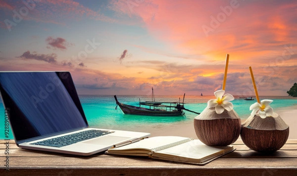 Obraz Remote work from island, Turquoise crystal sea, coconut juice and plumeria flower, frangipani, Remote work from topical Island. Coconut, MacBook Pro remote work