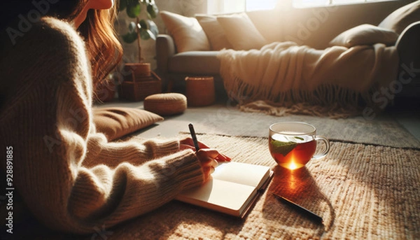 Fototapeta A person journaling in a cozy, sunlit room with a cup of herbal tea beside them. The scene exudes warmth and calm, with soft furnishings and natural light creating a comforting environment