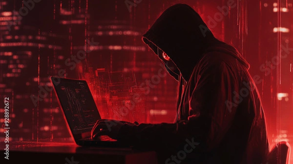 Fototapeta Faceless hackers in hoodies casting red shadows while using laptops, combined with abstract virtual technological symbols. Represents personal data theft and cyber security concepts.
