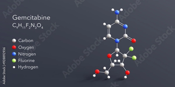 Fototapeta gemcitabine molecule 3d rendering, flat molecular structure with chemical formula and atoms color coding
