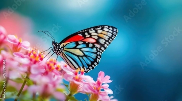 Fototapeta A vibrant butterfly perched on beautiful pink flowers, showcasing nature's colorful beauty in a serene environment.