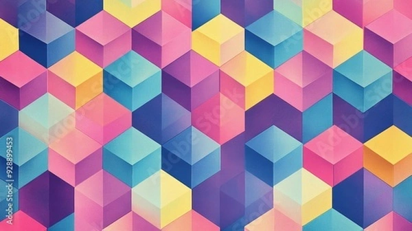 Fototapeta Bold and colorful pattern of repeating pentagons in shades of pink, blue, yellow, and purple, creating a striking geometric design