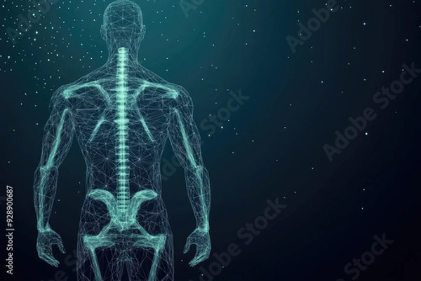 Fototapeta Digital Representation of the Human Spine, showcasing a luminous skeletal structure against a starry backdrop, symbolizing the intersection of anatomy and technology.