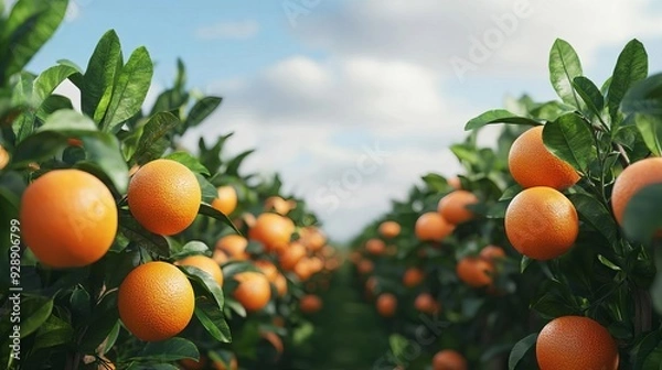 Fototapeta Ripe oranges on trees in a sunny orchard with blue sky
