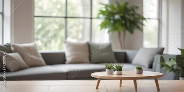 Fototapeta A wooden table is in the foreground with a blurred gray sofa and green plants in the background.