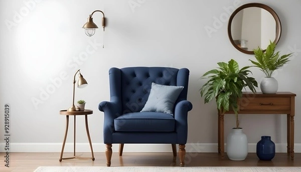 Fototapeta A navy blue upholstered armchair with a tufted back and wooden legs was placed next to a wooden side table with a potted plant and lantern.