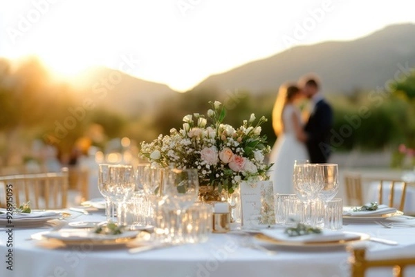 Obraz A romantic wedding setting at sunset, featuring elegant table decor and a couple in the background, perfect for celebration themes.