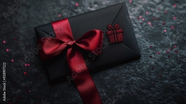 Fototapeta There is a striking black envelope adorned with a red ribbon and bow on it