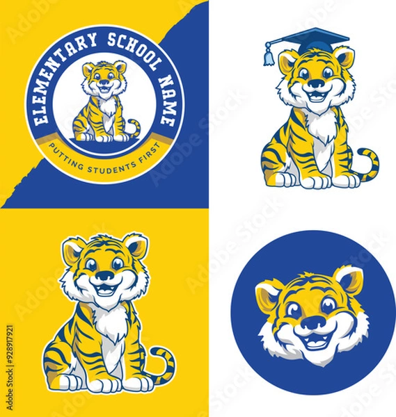 Obraz Fully editable vector logo template with playfull cute Tiger for elementary schools, charity foundations or any other suitablle digital or print media