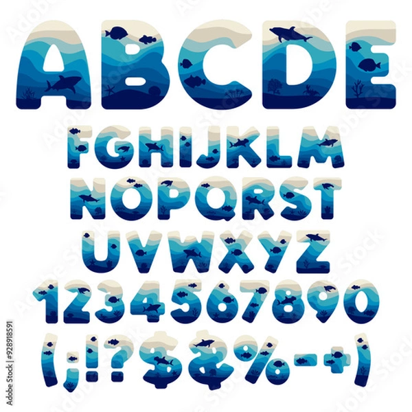 Obraz Alphabet, letter, number, sign, marine font made from layers of water and the silhouette of sea animal and coral. Isolated vector object on white background.