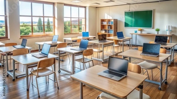 Fototapeta Empty desks with laptops and masks in a deserted classroom with whiteboard and chairs, conveying the impact of the pandemic on education.