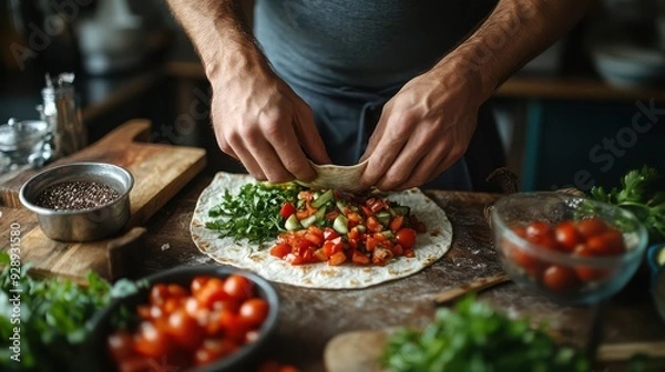 Fototapeta A man is preparing a wrap with vegetables on a wooden table. The table is filled with various bowls and spoons, and there are several tomatoes scattered around