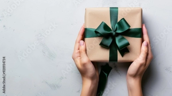Fototapeta Giht box with green ribbon with hands top view background illustration generated by ai