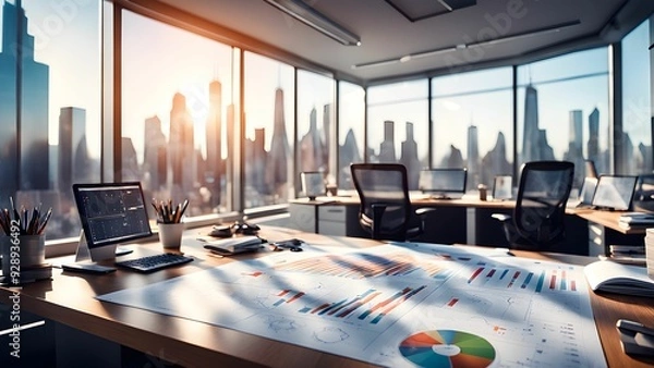 Fototapeta A large office space with a large window overlooking a city