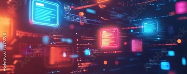 Obraz Futuristic digital interface with glowing data panels, representing advanced technology, data analytics, and information exchange.
