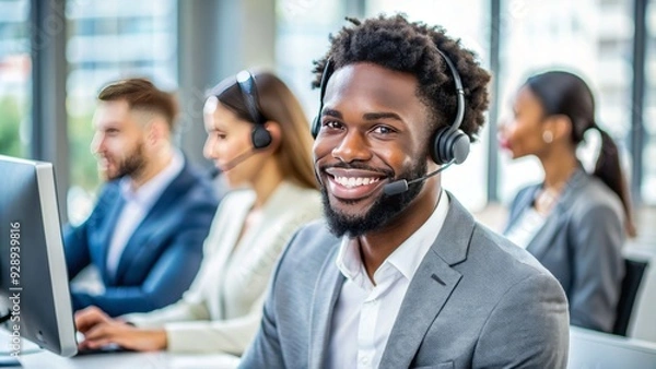 Fototapeta Friendly African American customer service representative smiling and listening attentively to a client's concerns on the phone in a modern call center office setting.