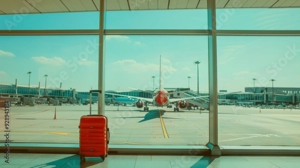 Fototapeta Suitcase, travel bag in airport. Airplane outside window. Travel background illustration generated by ai