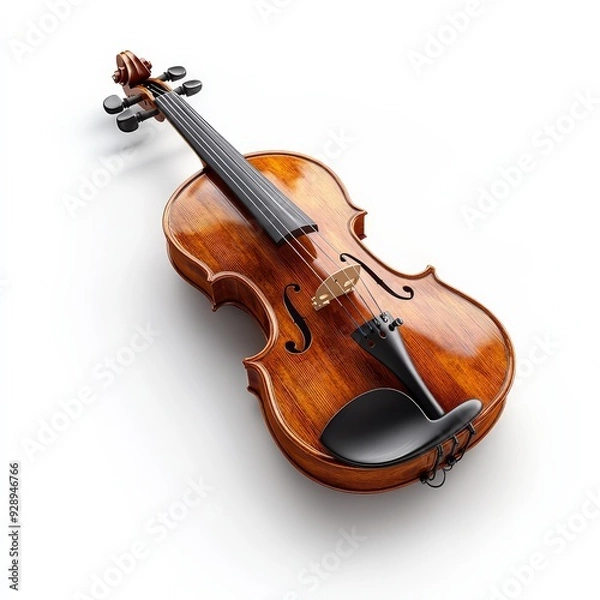 Fototapeta A violin, classical music instrument, 3D rendering, polished wood with strings, isolated on white background.