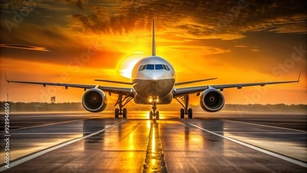 Fototapeta Golden-hued sunset casts a warm glow on the sleek, curved lines of a majestic airliner, poised for takeoff on a misty airport runway.
